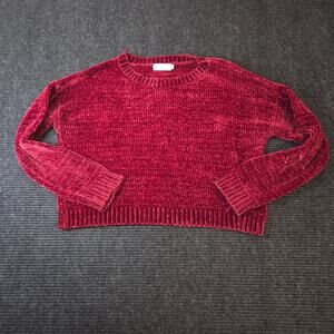 Chenille Knit Sweater Round Neck Crop Maroon Oversized L
